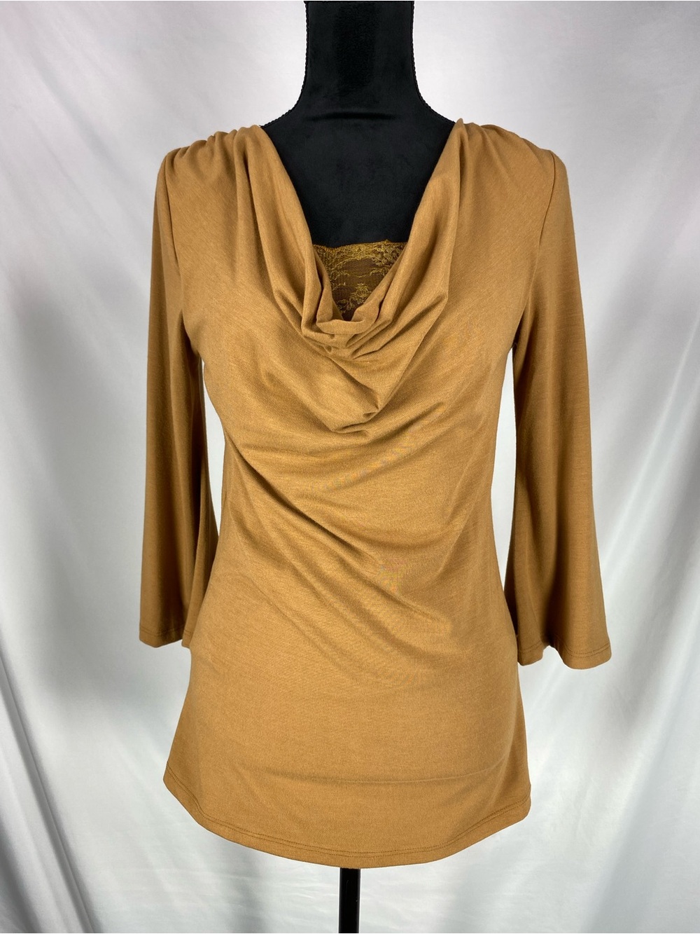 Cocomo NWT Draped Cowl Neck 3/4 Bell Sleeve Knit Blouse Top Camel Tan Medium M